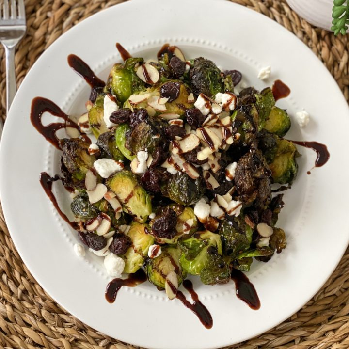 Roasted Brussels Sprouts with Goat Cheese and Dried Cherries